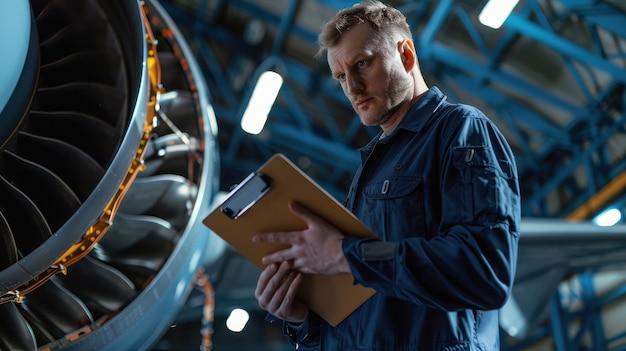 Photo aerospace expertise mechanic inspecting aircraft