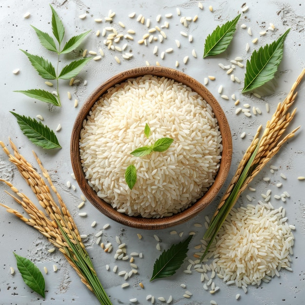 Aesthetic arrangement of rice grains on white background texture Asian food staple with various