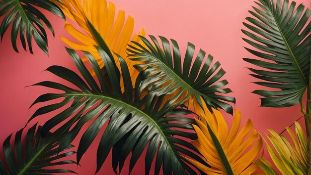 Aesthetic arrangement of vibrant tropical monstera and palm leaves on a pink background creating a colorful and exotic design