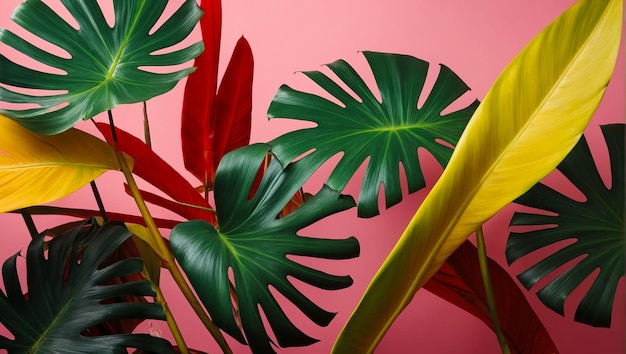 Photo aesthetic arrangement of vibrant tropical monstera and palm leaves on a pink background creating a colorful and exotic design