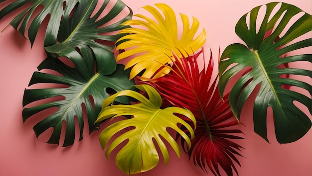 Aesthetic arrangement of vibrant tropical monstera and palm leaves on a pink background creating a colorful and exotic design