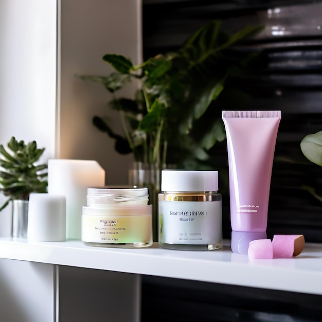 Aesthetic bathroom shelf featuring RadiantSkin Scrub alongside luxury skincare