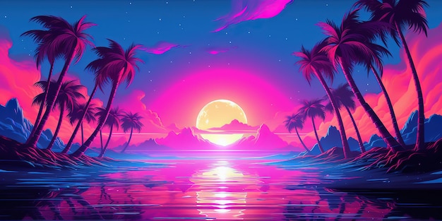 Aesthetic beach synthwave retrowave wallpaper with a cool and vibrant neon design