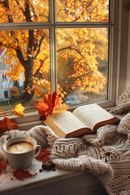 Aesthetic book and coffee in a fall setting window light cozy relaxation