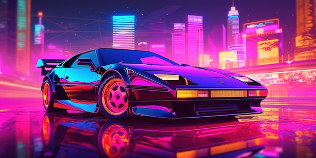 Aesthetic car synthwave wallpaper with a cool and vibrant neon design