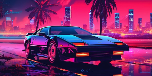 Aesthetic car synthwave wallpaper with a cool and vibrant neon design