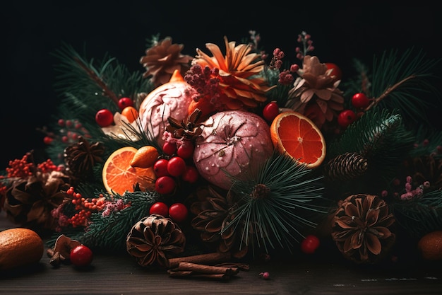 aesthetic christmas flower arrangement with dark background Generative AI