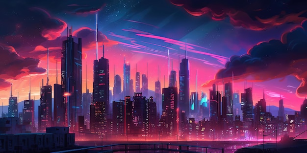 Aesthetic cityscape synthwave retrowave wallpaper with a cool and vibrant neon design