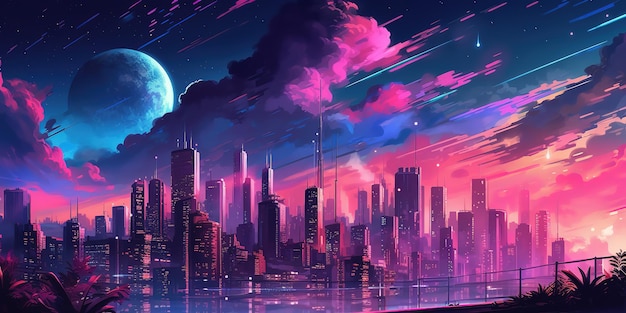 Aesthetic cityscape synthwave retrowave wallpaper with a cool and vibrant neon design