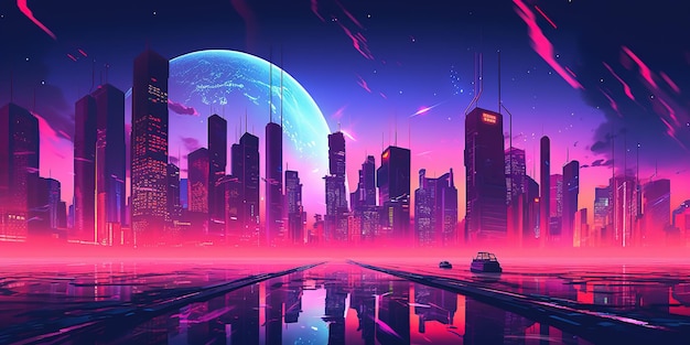 Aesthetic cityscape synthwave retrowave wallpaper with a cool and vibrant neon design