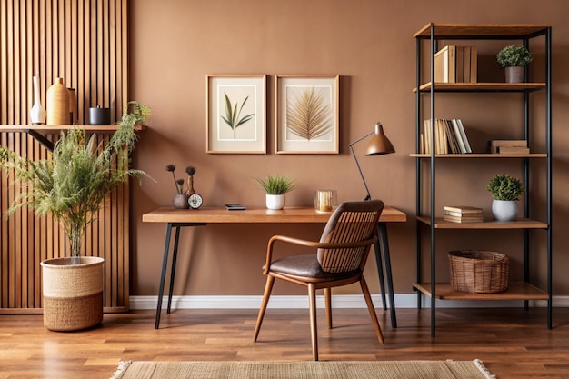 Aesthetic composition of living room interior with mock up poster frame wooden desk