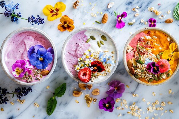 Photo aesthetic composition of pastelcolored smoothie bowls garnished with edible flowers nuts and seeds on a marble surface