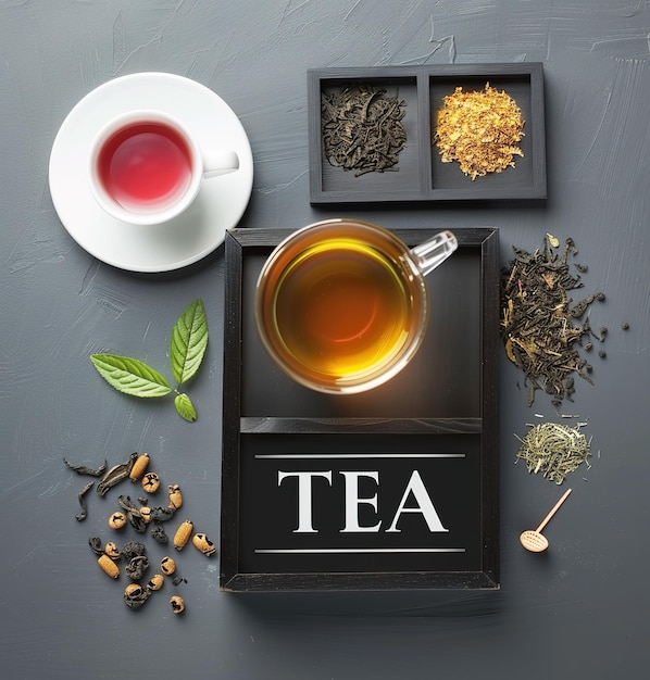 Aesthetic display of tea assorted leaves brewed cup and aromatic ingredients