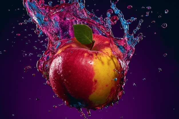 Aesthetic Effect of Apple Fruit Splashing Underwater in Pink and Purple Neon Lighting