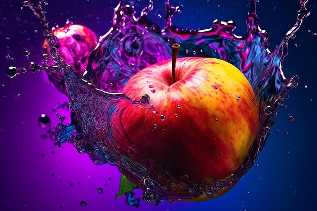 Aesthetic Effect of Apple Splashing Underwater in Pink and Purple Neon Lighting