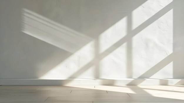 Aesthetic geometric sunlight shadows on a white textured wall and beige wooden floor Generative AI