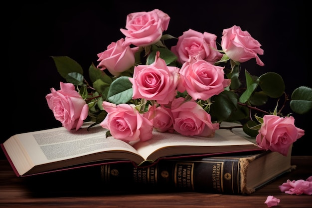 Aesthetic Harmony Pink Rose Flowers Intertwined with a Captivating Book AR 32