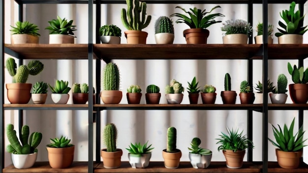 Aesthetic home with cactus and plants on a wooden shelf