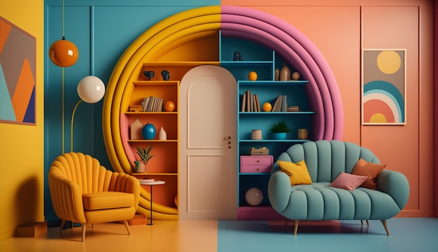 Aesthetic interior room colorfulretro futuristic colorful studio generative ai