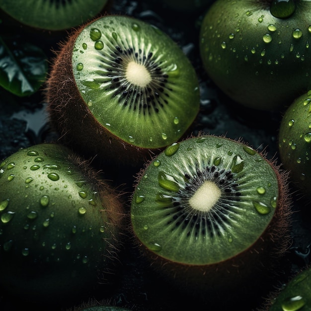 aesthetic kiwi fruit with water drops on a black background overhead angle shot Generative AI