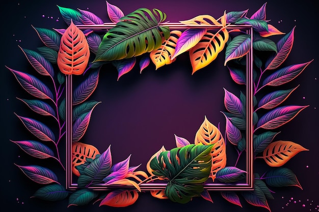 Aesthetic leaf frame background, neon botanical design, copy space. AI Generated