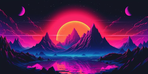 Aesthetic mountain synthwave retrowave wallpaper with a cool and vibrant neon design