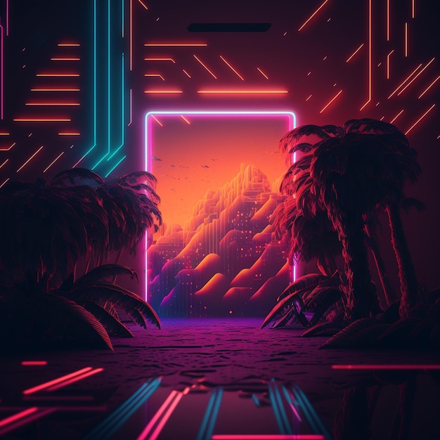 Aesthetic neon background with futuristic view