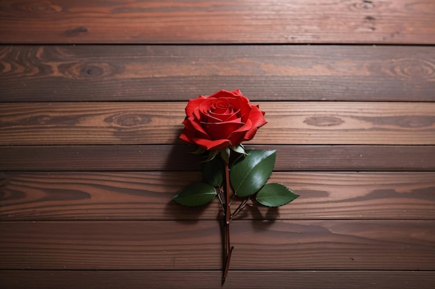 Aesthetic photo of red rose lay flat on wooden table top view