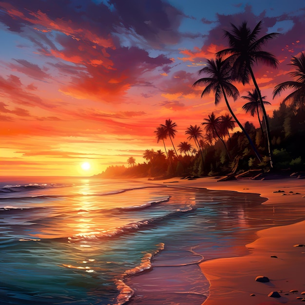 Aesthetic Refreshing Tropical Beach view of Sunset in Beach Sand Sea Water Flowing