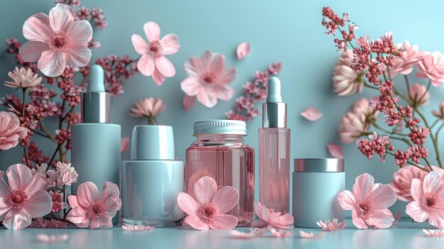 Aesthetic Skincare Bottles Amidst Delicate Floral Decor