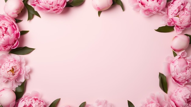 an aesthetic Valentines Day and Mothers Day mockup template featuring a wreath made of pink peonies flowers and a blank square paper sheet on a pink background with copy space