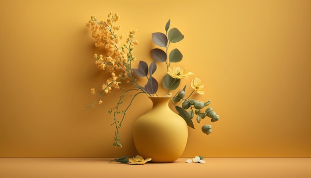 Aesthetic vase with beautiful flower on vivid yellow background Generative AI