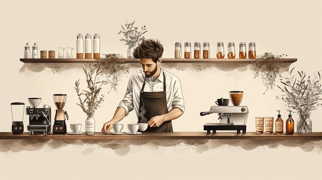 Aesthetically captured image of a male barista brewing coffee with brown highlights