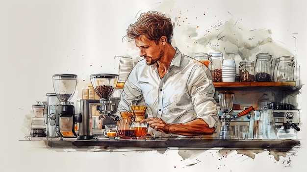 Aesthetically captured image of a male barista brewing coffee with brown highlights