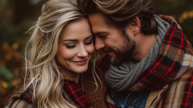 Affectionate couple embracing in cozy winter attire outdoors