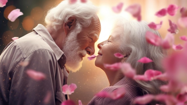 Affectionate elderly couple shares a heartfelt kiss amidst soft background of rose petals evoking