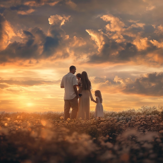 Affectionate family relationship in the field at sunset