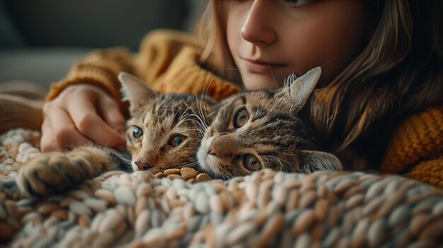 Photo affectionate kitten enjoying meal from woman s hand in heartwarming close up moment