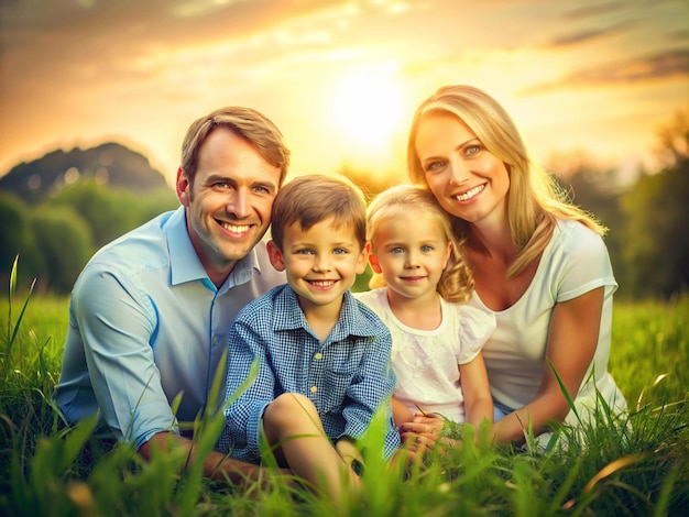 Affectionate relationship of family on a field during sunset