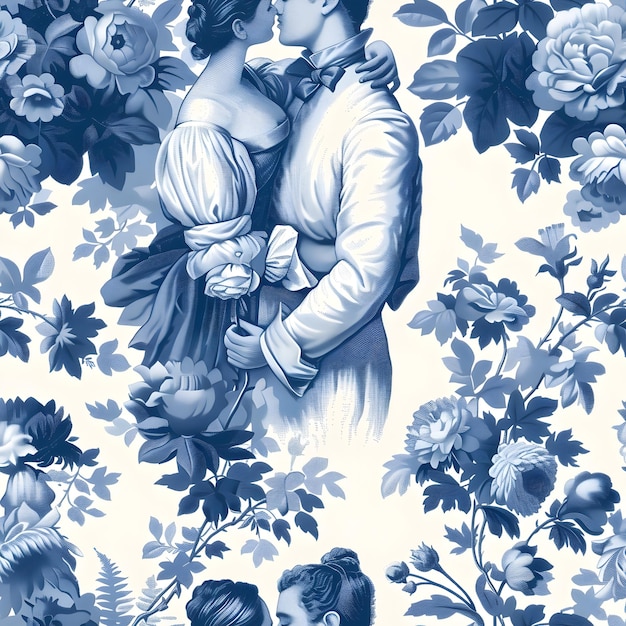 Photo affectionate toile de jouy pattern with embracing couples in blooming flower fields