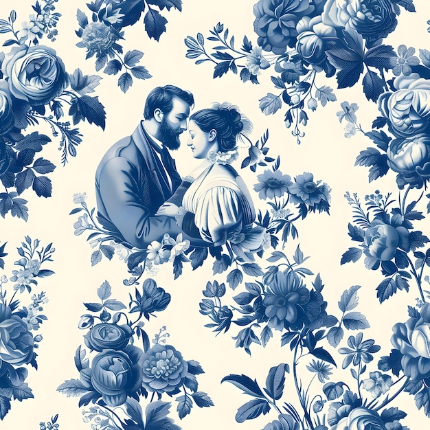 Photo affectionate toile de jouy pattern with romantic couples embracing in blooming flower fields