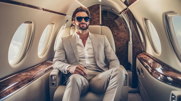 Photo affluent man in designer suit sitting in luxury private jet