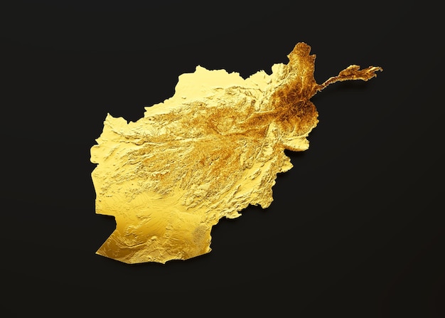 Afghanistan Map Golden metal Color Height map on Black Background 3d illustration