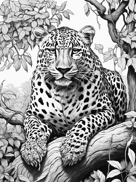 Africa leopard sits on tree branch around creeper Children' coloring black lines