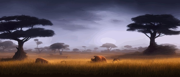 African acacia row against twilight sky Vector illustration banner landscape Silhouette of packs in the high rise