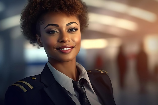 african american Air pilot on aeroplane smiling portrait air attendant smiling to camera