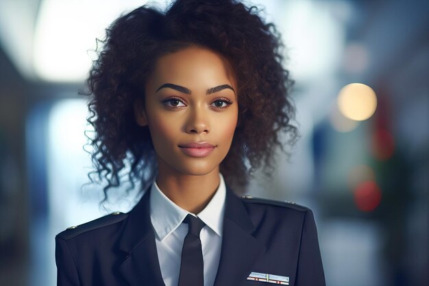 african american Air pilot on aeroplane smiling portrait air attendant smiling to camera