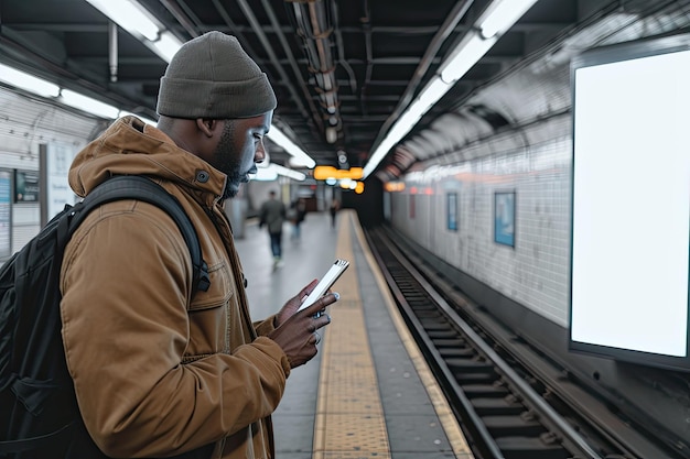 Photo african american black male using his phone on new york subway station platform