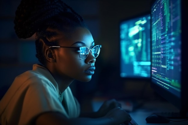 African American Black woman coder programmer using computer for coding screen with code lines copyspace Generative AI