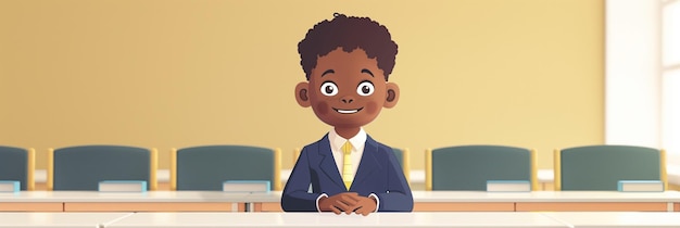 African American boy in blue suit yellow tie stands confidently Gray backdrop has white wall